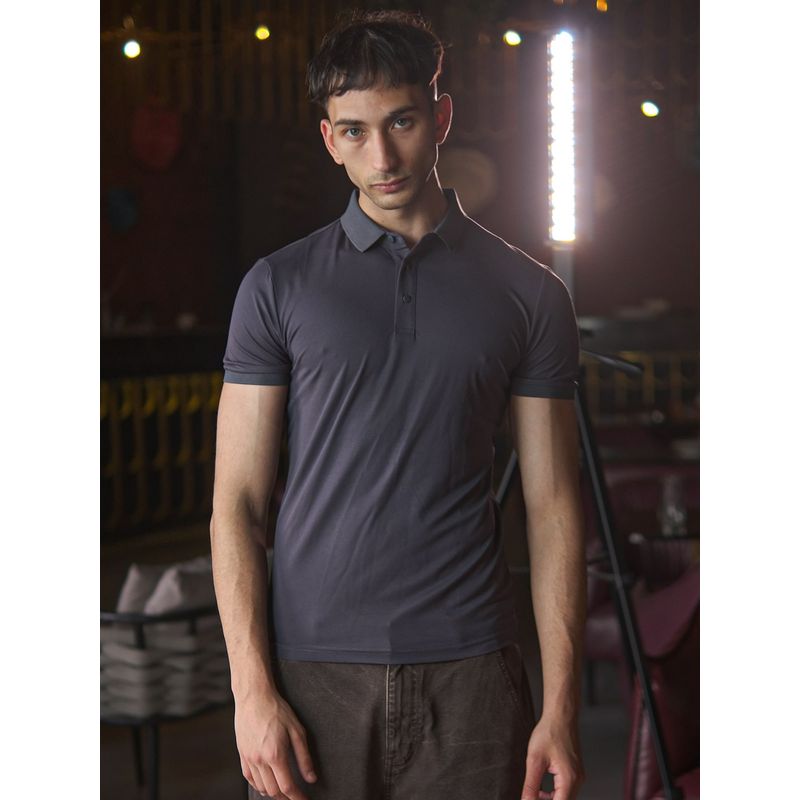 Odette Franco Grey Polyester Lycra Solid Polo T-Shirt for Men (XL)