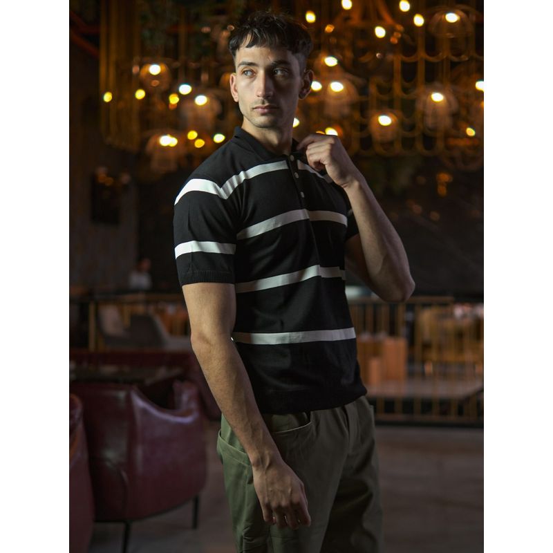 Odette Franco Black Cotton Rib Polo T-Shirt for Men (L)