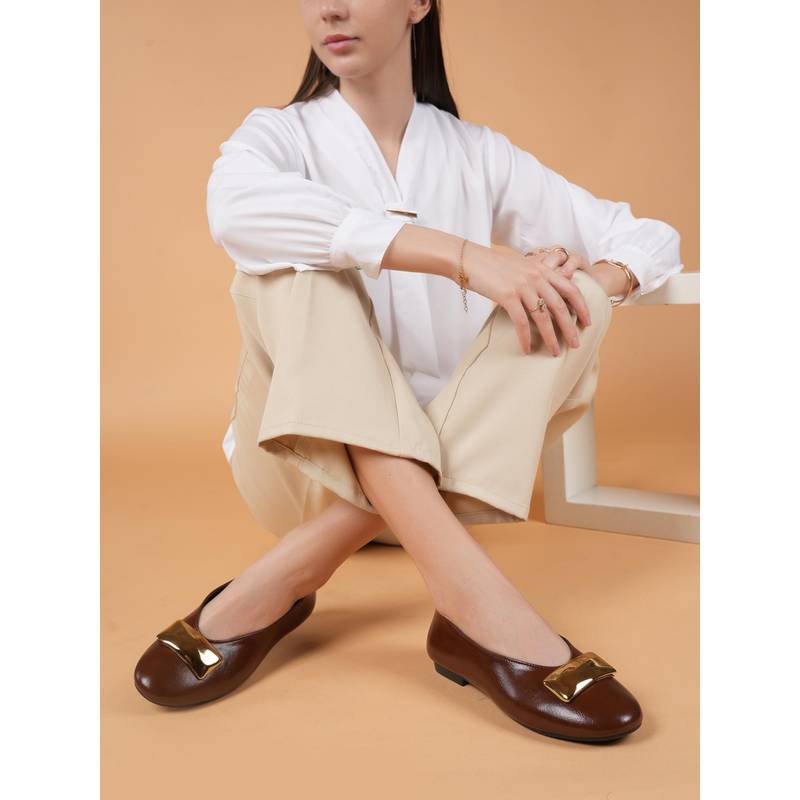 Drop Bold Brown Classic Ballerinas with Gold Bow Detail (EURO 36)