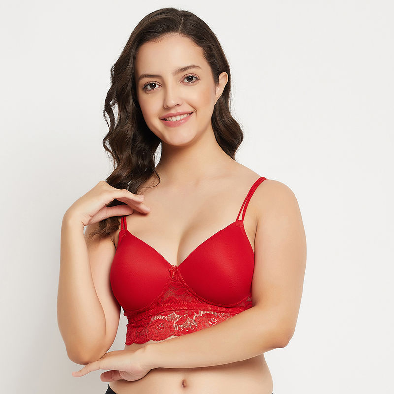 Buy Clovia Lace Solid Padded Full Cup Wire Free Bralette Bra - Dark Red  online