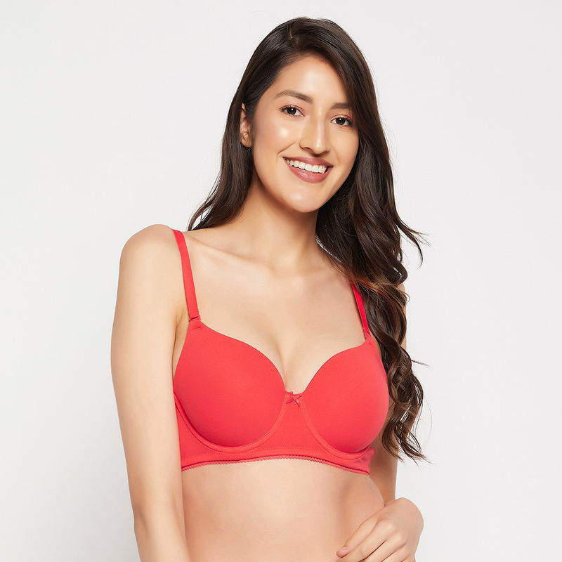 Clovia Cotton Spandex Solid Padded Full Cup Underwired T-shirt Bra - Light Red (34D)