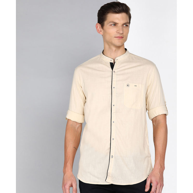 KUONS AVENUE Men's Linen Cotton Mandarin Collar Casual Shirt (M)