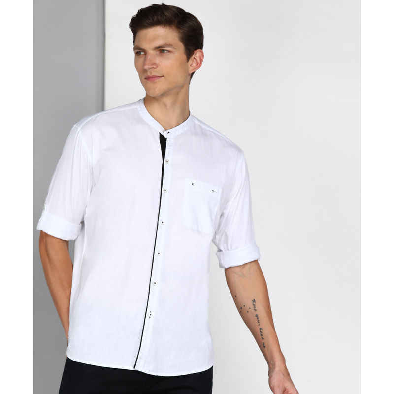 KUONS AVENUE Men's Linen Cotton Mandarin Collar Casual Shirt (M)