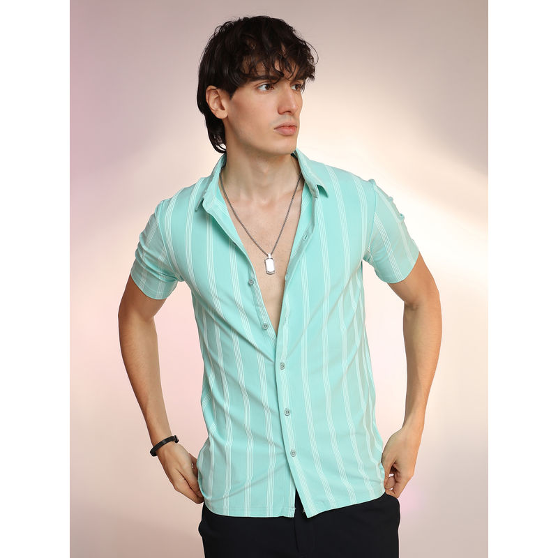 Campus Sutra Men'S Aqua Blue Unbalanced Striped Shirt (XL)