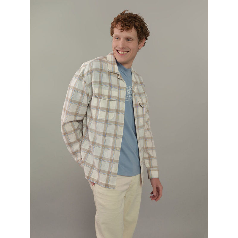 American Eagle Men Brown Linen-Blend Long-Sleeve Button-Up Shirt (XL)