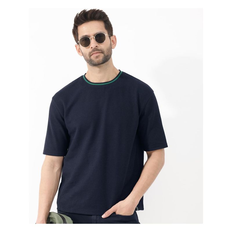 Rare Rabbit Adiso Navy Blue Plain Oversized Fit T-Shirt (S)