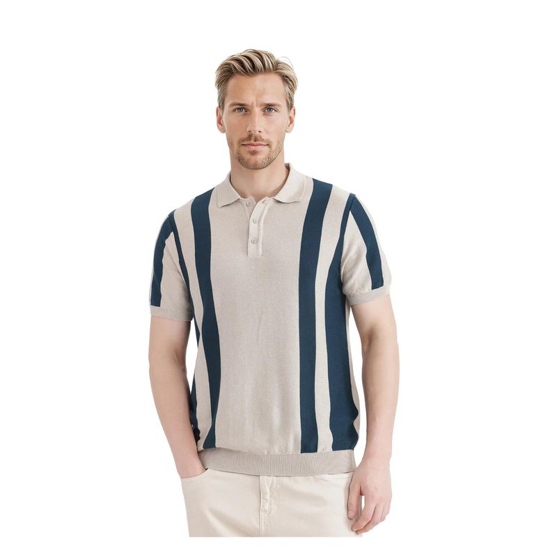Rare Rabbit Axton Light Beige Stripes Regular Fit Polo T-Shirt (L)