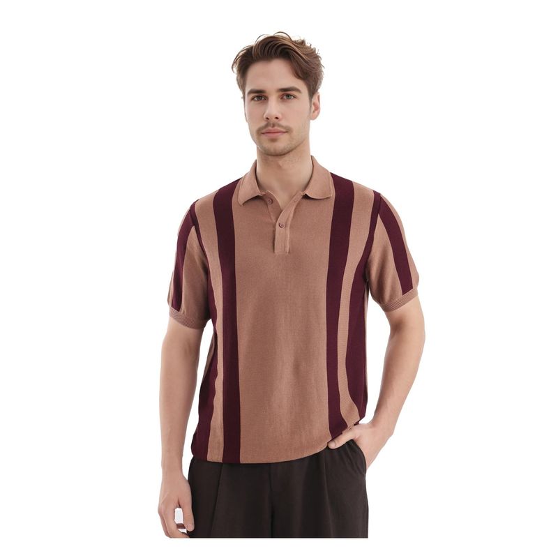 Rare Rabbit Axton Light Brown Stripes Regular Fit Polo T-Shirt (L)