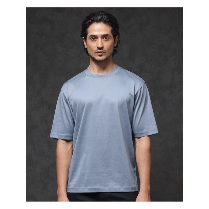 Rare Rabbit Barcelon Dusky Blue Plain Oversized Fit T-Shirt (XS)