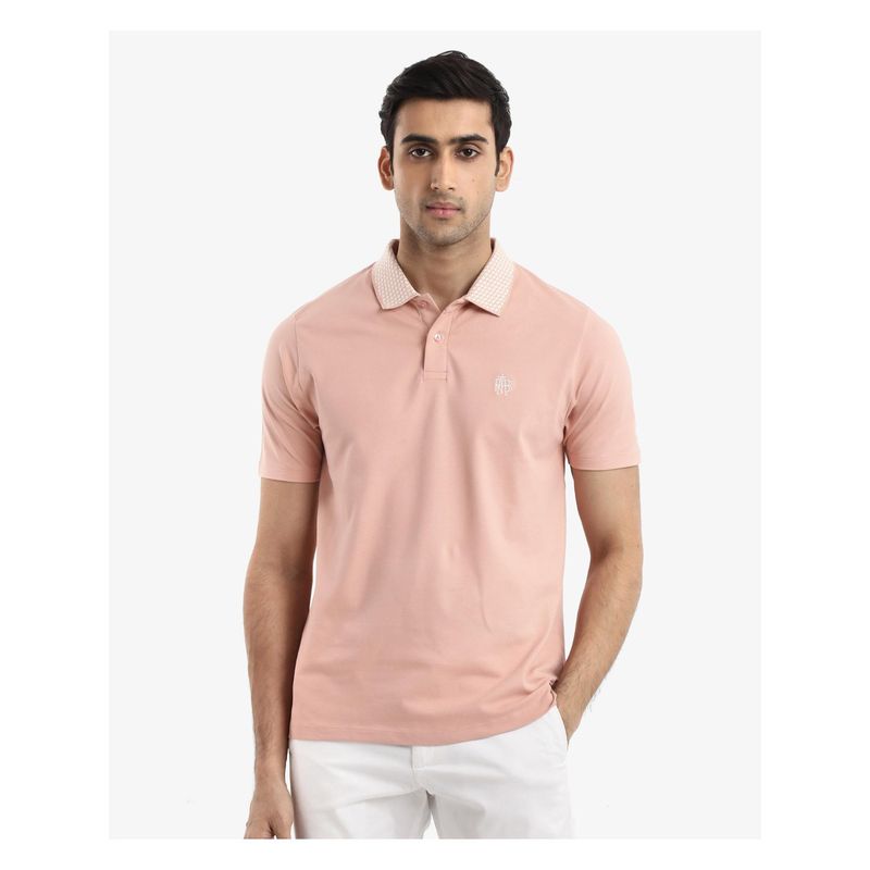 Rare Rabbit Booth Light Peach Embroidered Regular Fit Polo T-Shirt (XL)