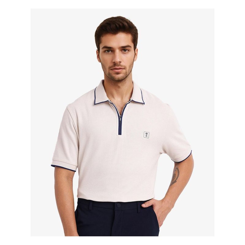 Buy Rare Rabbit Burrow Off White Textured Regular Fit Polo T-Shirt Online