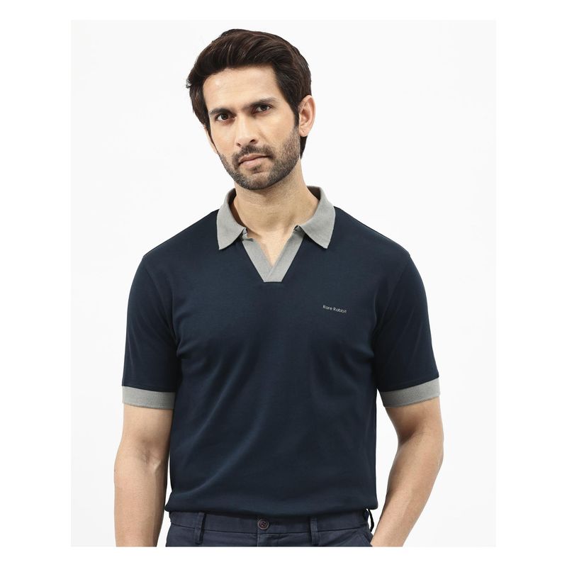 Rare Rabbit Carmelon Navy Blue Plain Regular Fit Polo T-Shirt (M)