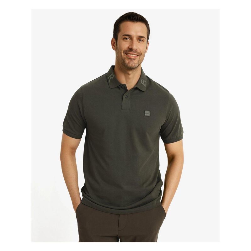 Rare Rabbit Clif Dark Olive Plain Regular Fit Polo T-Shirt (M)
