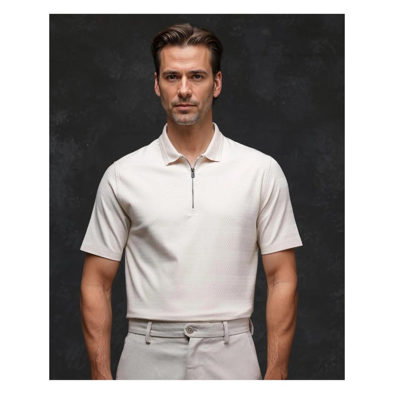 Rare Rabbit Clion 1 Beige Jacquard Regular Fit Polo T-Shirt (L)