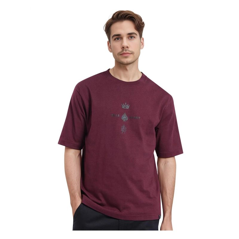 Rare Rabbit Ello Dark Maroon Graphic Print Regular Fit T-Shirt (XL)