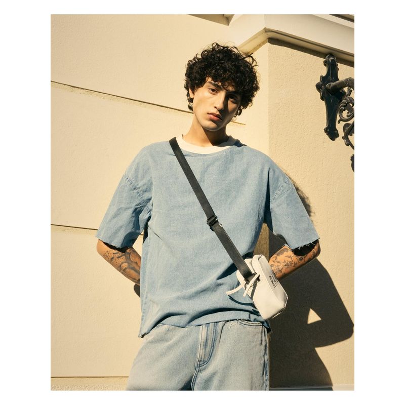Rare Rabbit Euler Light Blue Plain Oversized Fit T-Shirt (L)