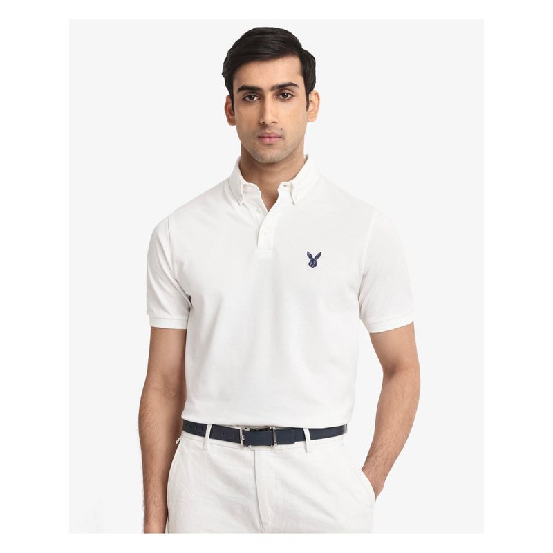 Rare Rabbit Face White Embroidered Regular Fit Polo T-Shirt (2XL)