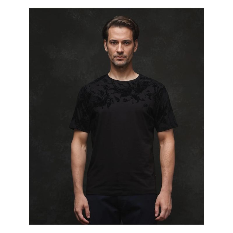 Rare Rabbit Ferris-1 Black Paisley Print Regular Fit T-Shirt (M)