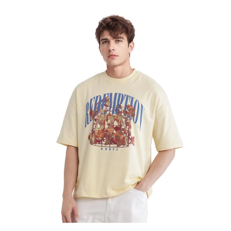 Rare Rabbit Fler Pastel Yellow Hd Print Oversized Fit T-Shirt (XS)