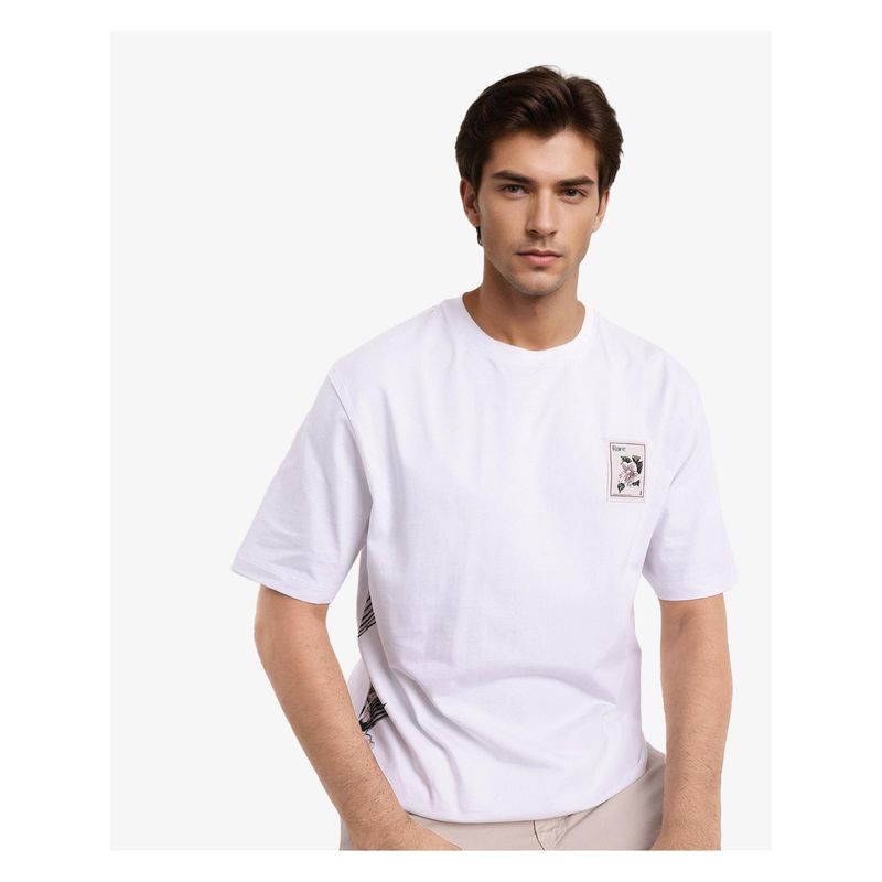 Rare Rabbit Flores White Graphic Print Oversized Fit T-Shirt (L)