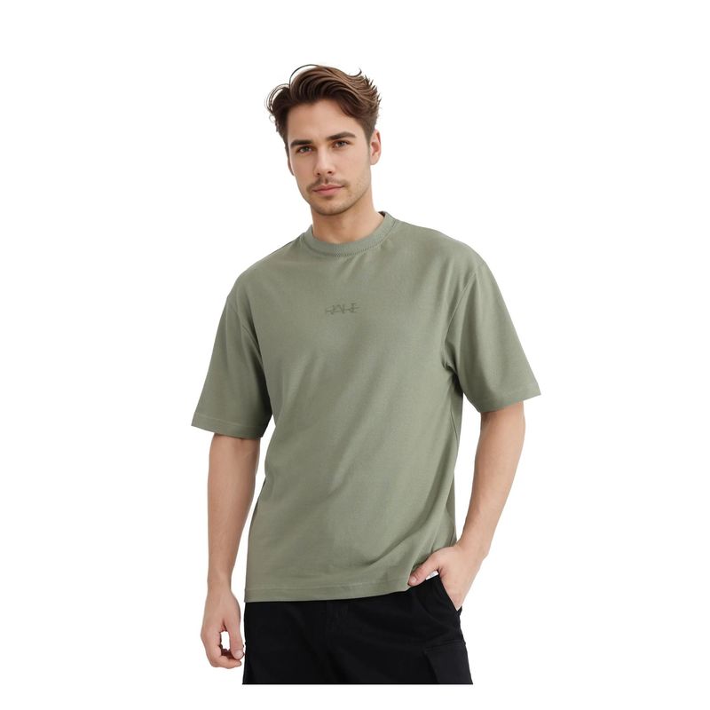 Rare Rabbit Heros-2 Dusky Green Plain Oversized Fit T-Shirt (M)