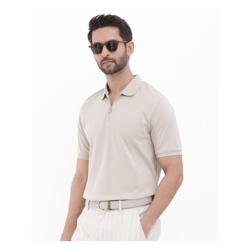 Rare Rabbit Holit Dusky Beige Plain Regular Fit Polo T-Shirt (L)