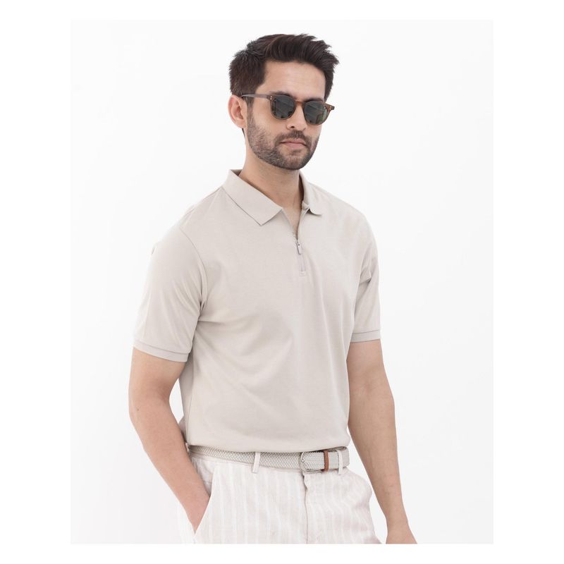 Rare Rabbit Holit 1 Dusky Beige Plain Regular Fit Polo T-Shirt (S)