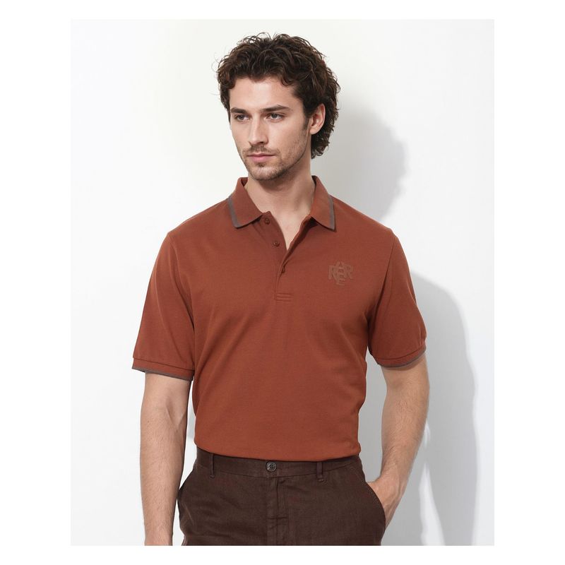 Rare Rabbit Hux Brown Plain Regular Fit Polo T-Shirt (M)