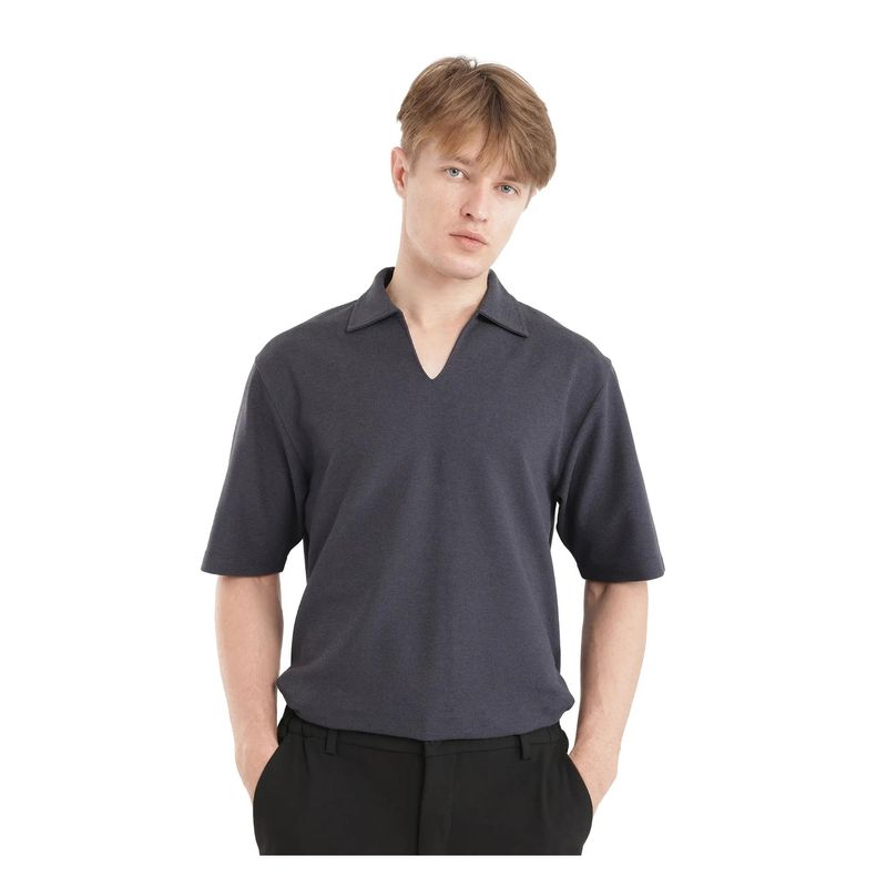 Rare Rabbit Jawal Navy Blue Plain Oversized Fit Polo T-Shirt (XS)