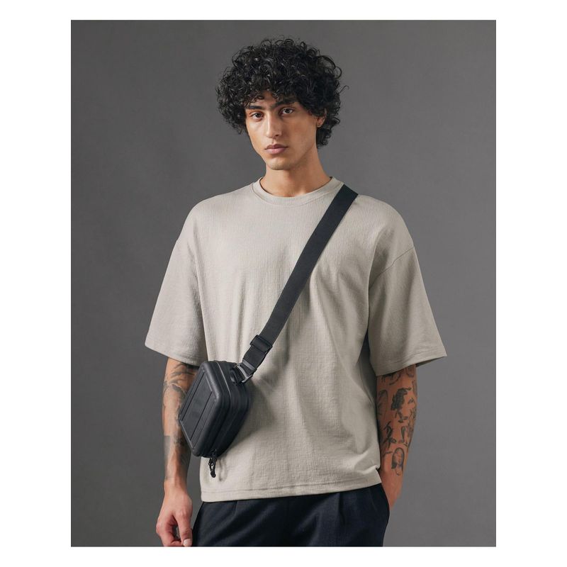 Rare Rabbit Kelos Light Grey Textured Oversized Fit T-Shirt (M)
