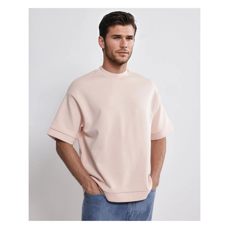 Rare Rabbit Lauch Pastel Pink Plain Oversized Fit T-Shirt (L)