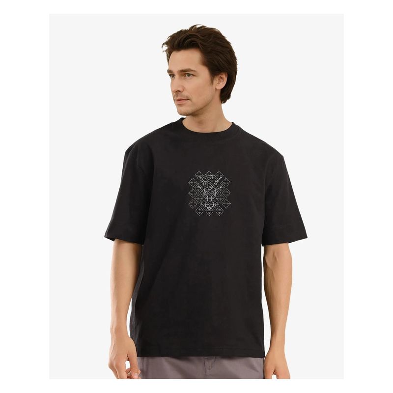 Rare Rabbit Lexel Black Graphic Print Oversized Fit T-Shirt (M)