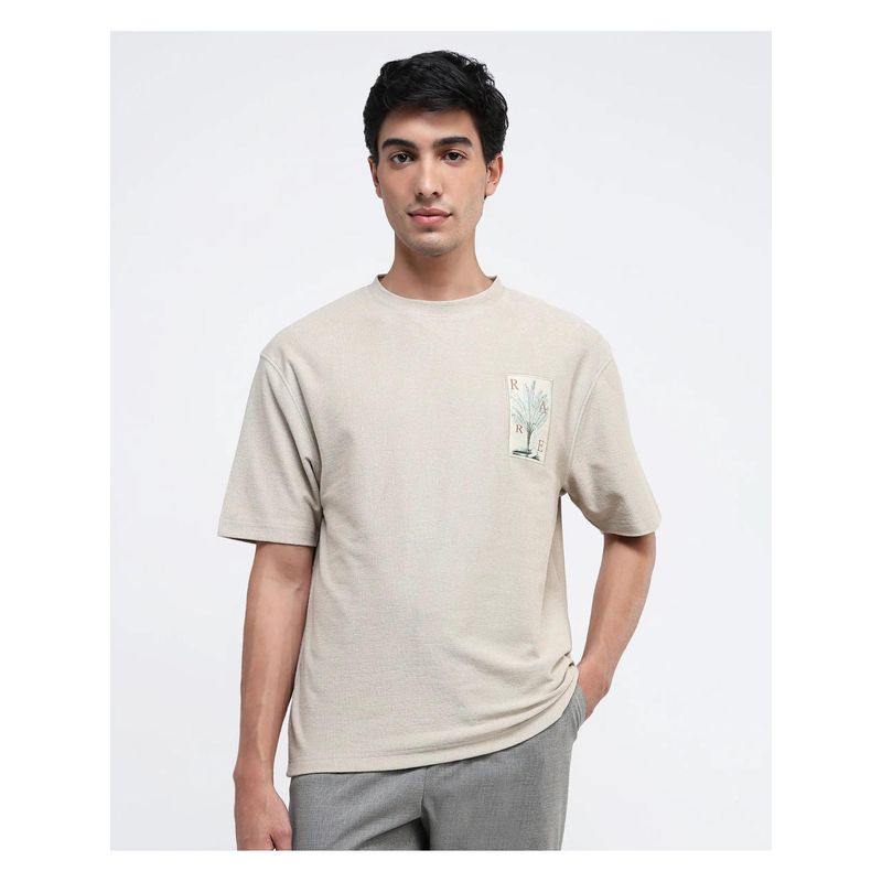 Rare Rabbit Loopet Beige Embroidered Oversized Fit T-Shirt (S)