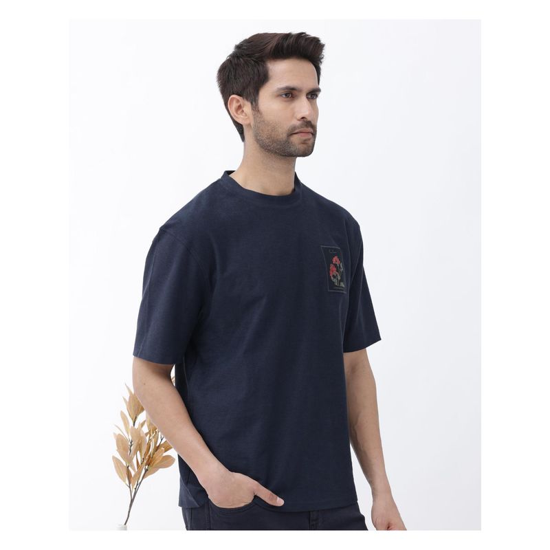 Rare Rabbit Loopet Navy Blue Embroidered Oversized Fit T-Shirt (2XL)