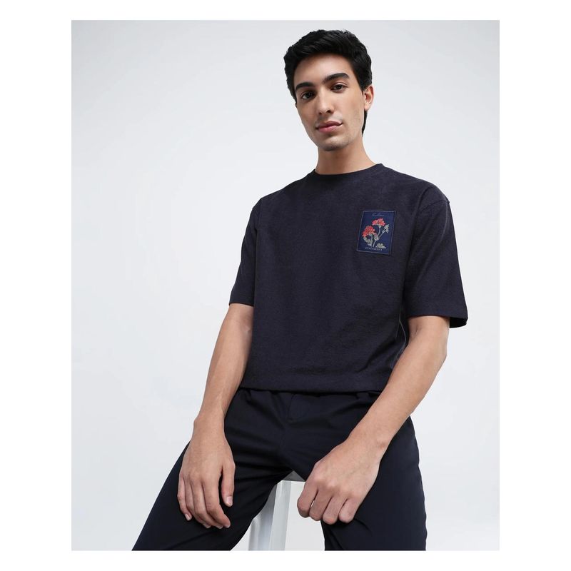 Rare Rabbit Loopet-1 Navy Blue Embroidered Oversized Fit T-Shirt (S)