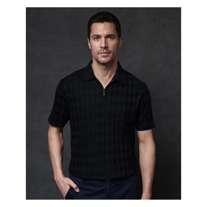 Rare Rabbit Mon Navy Blue Jacquard Regular Fit Polo T-Shirt (L)