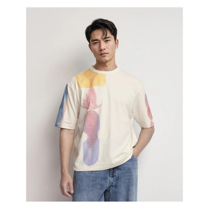 Rare Rabbit Ovet Off White Abstract Print Qlo Fit T-Shirt (XL)