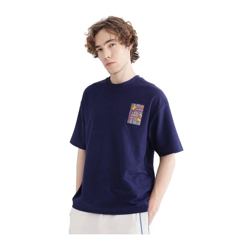 Rare Rabbit Oxo Dark Blue Solid Oversized Fit T-Shirt (XS)