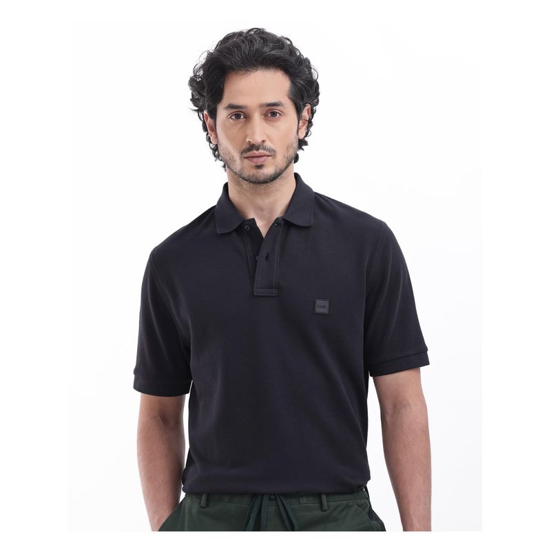 Rare Rabbit Pare Dark Navy Blue Plain Regular Fit Polo T-Shirt (L)