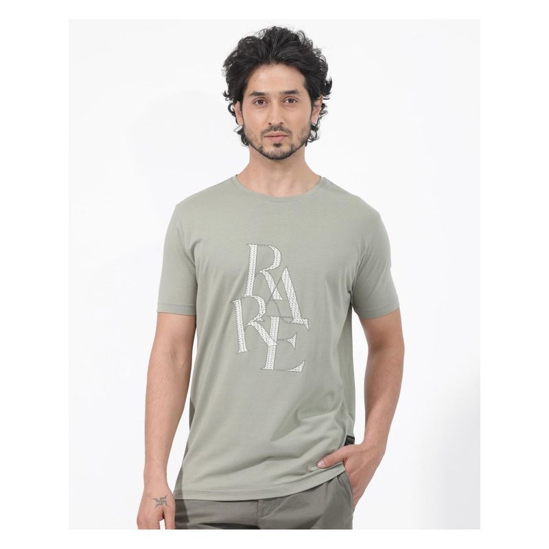 Rare Rabbit Perrin Dusky Green Graphic Print Regular Fit T-Shirt (XS)