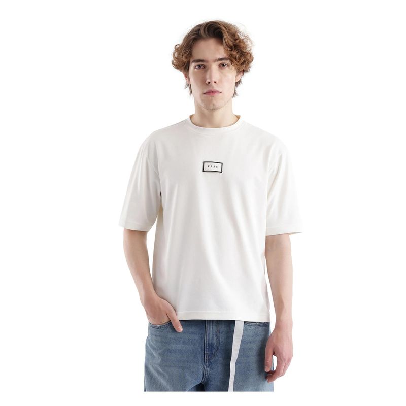 Rare Rabbit Persus Off White Solid Print Boxy Fit T-Shirt (L)
