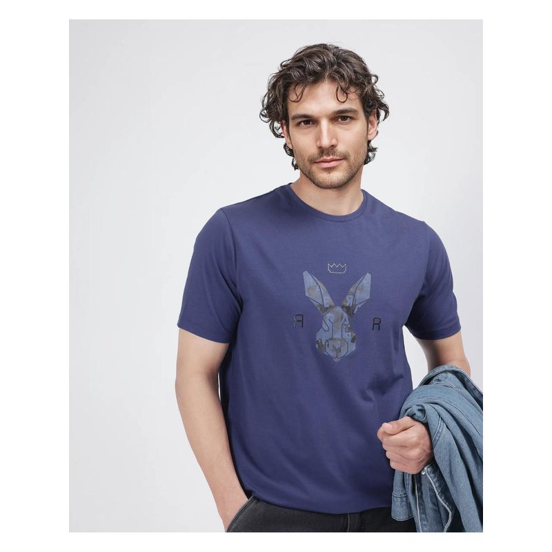 Rare Rabbit Qaz Dark Blue Graphic Print Regular Fit T-Shirt (S)