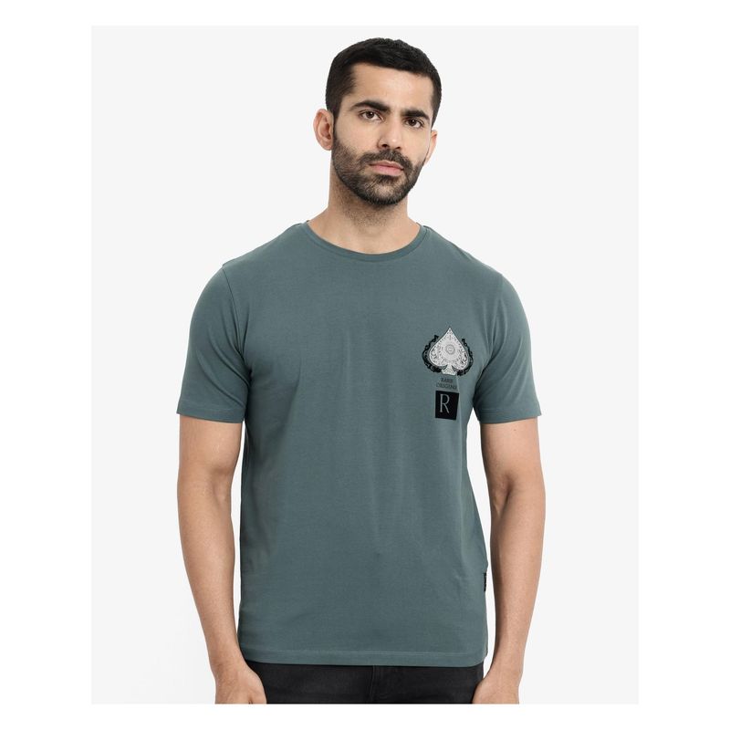 Rare Rabbit Rabo Teal Graphic Print Regular Fit T-Shirt (XS)