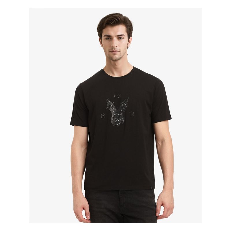 Rare Rabbit Ranato Black Graphic Print Regular Fit T-Shirt (S)