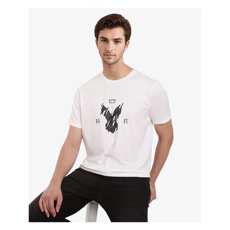 Rare Rabbit Ranato White Graphic Print Regular Fit T-Shirt (XS)