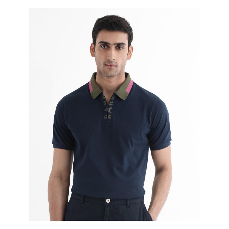 Rare Rabbit Rique Navy Blue Plain Regular Fit Polo T-Shirt (S)