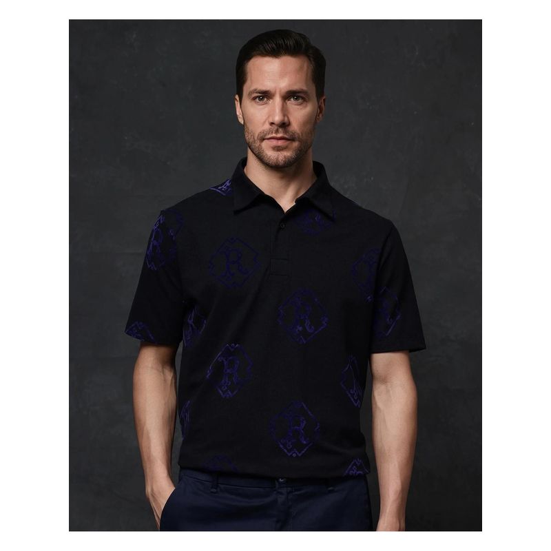 Rare Rabbit Roson Black Monogram Print Regular Fit Polo T-Shirt (M)