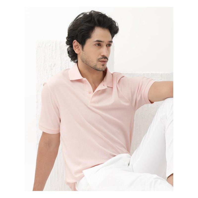 Rare Rabbit Row Pastel Pink Plain Regular Fit Polo T-Shirt (XL)