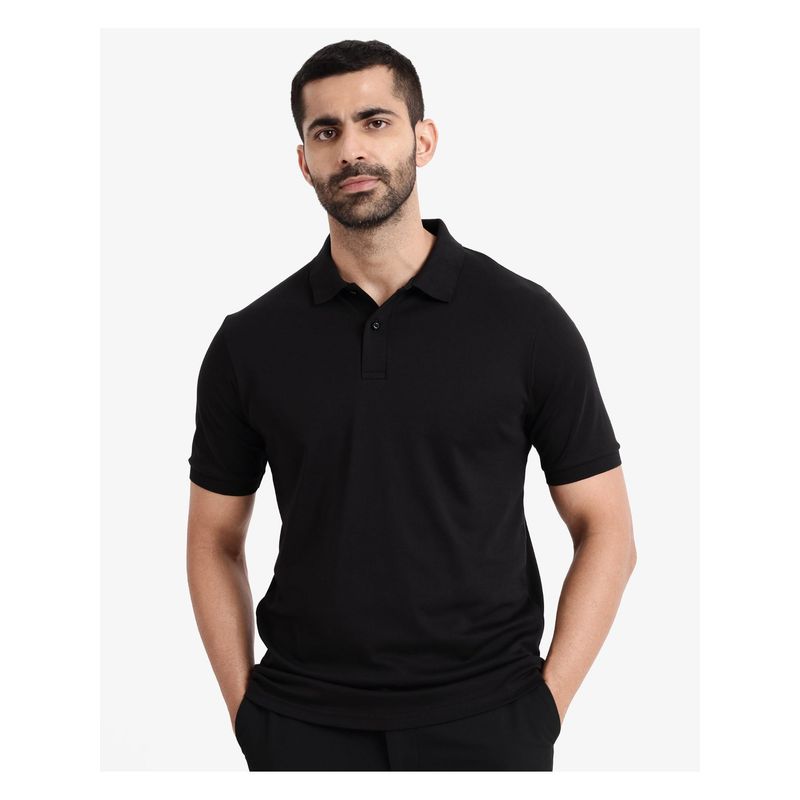 Rare Rabbit Row 1 Black Plain Regular Fit Polo T-Shirt (S)