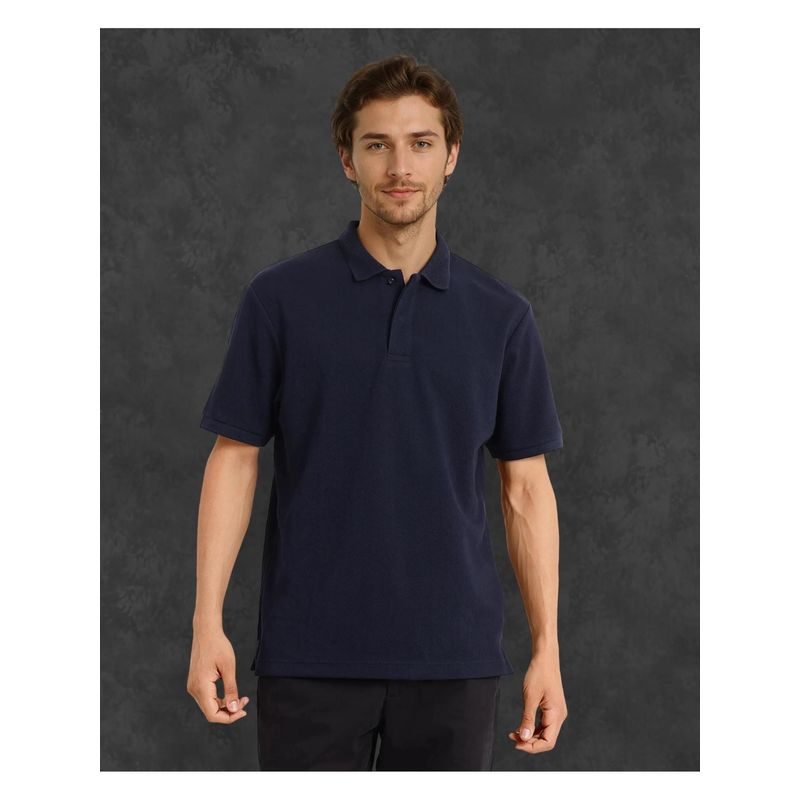 Rare Rabbit Spec Navy Blue Plain Oversized Fit Polo T-Shirt (M)